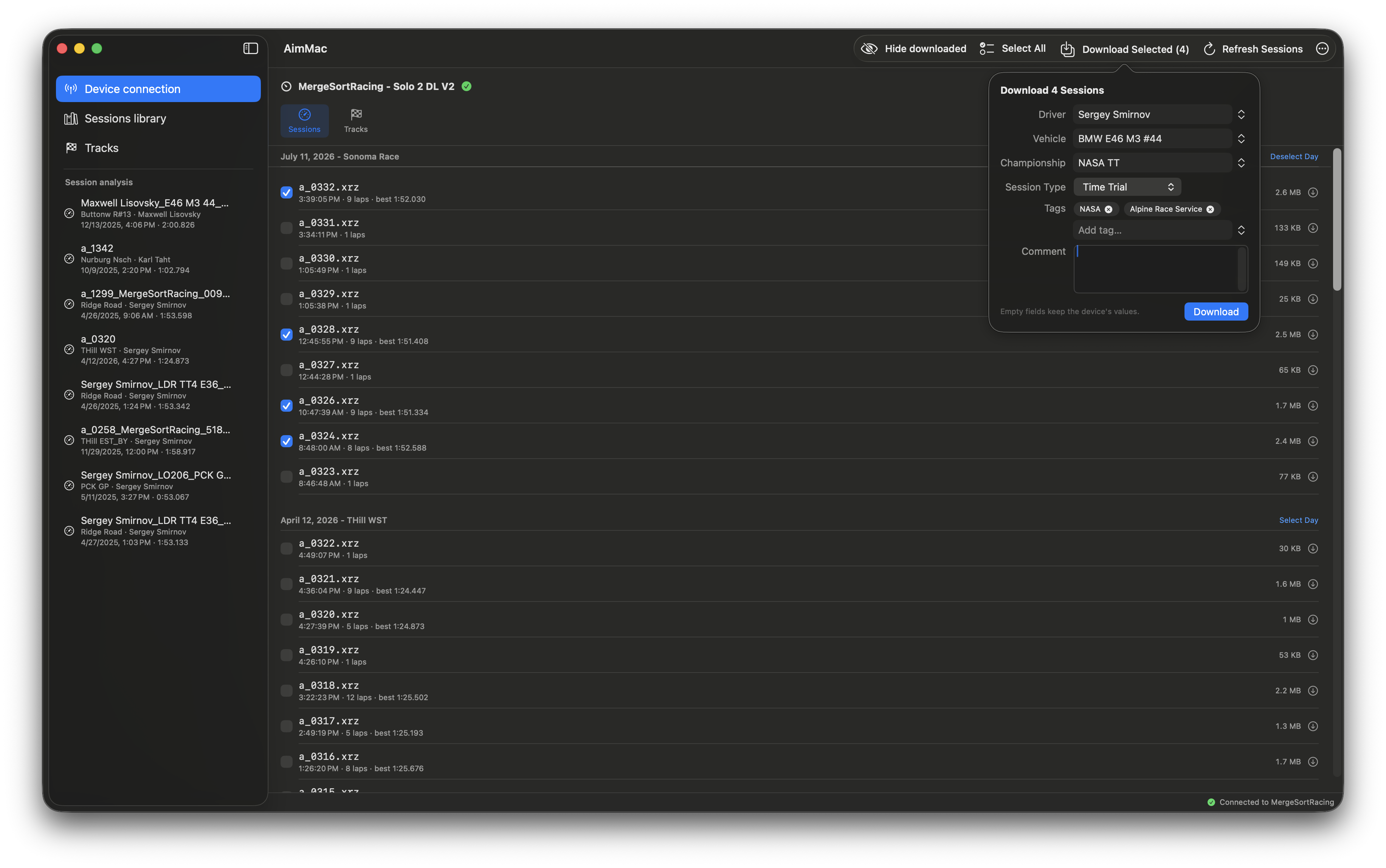 Batch download popover with driver, vehicle, championship, session type, tags, and comment fields