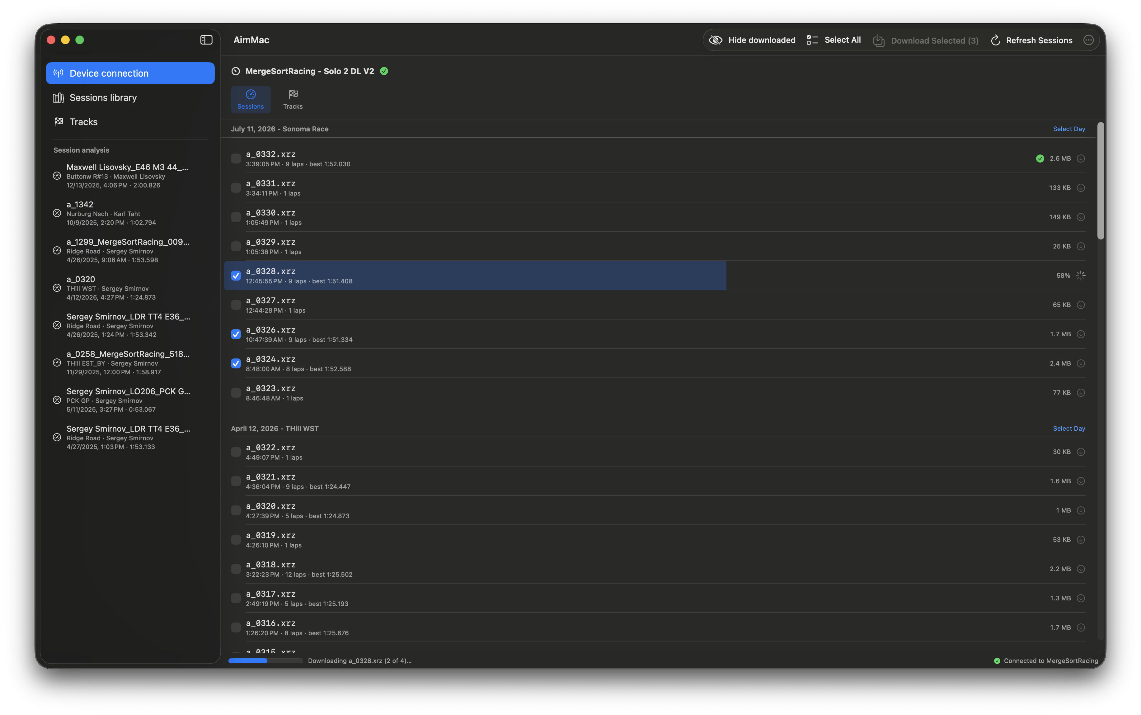 AimMac downloading a batch of sessions with a progress bar in the global status bar
