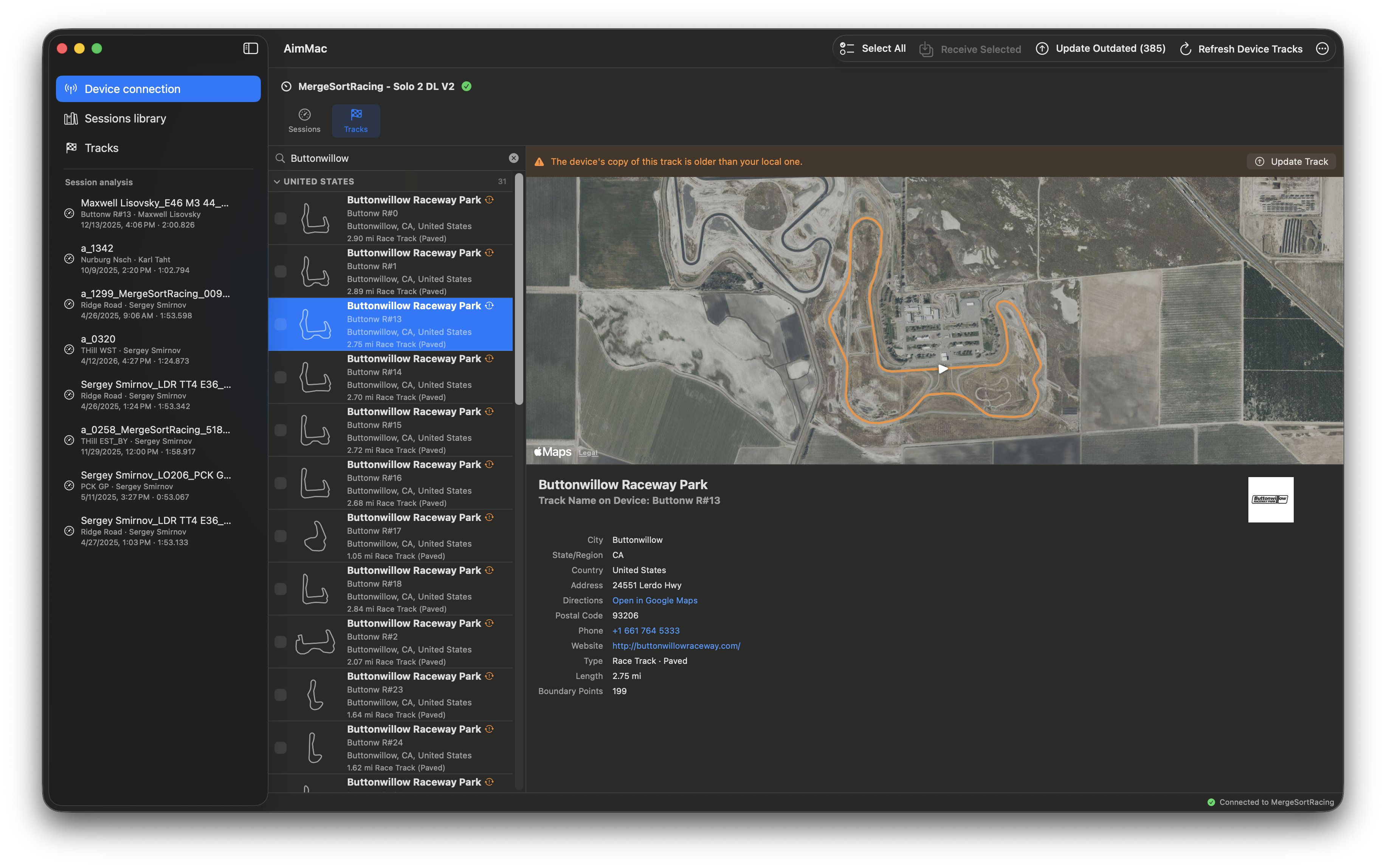 Device track management showing Buttonwillow Raceway Park with an outdated-track warning and update button