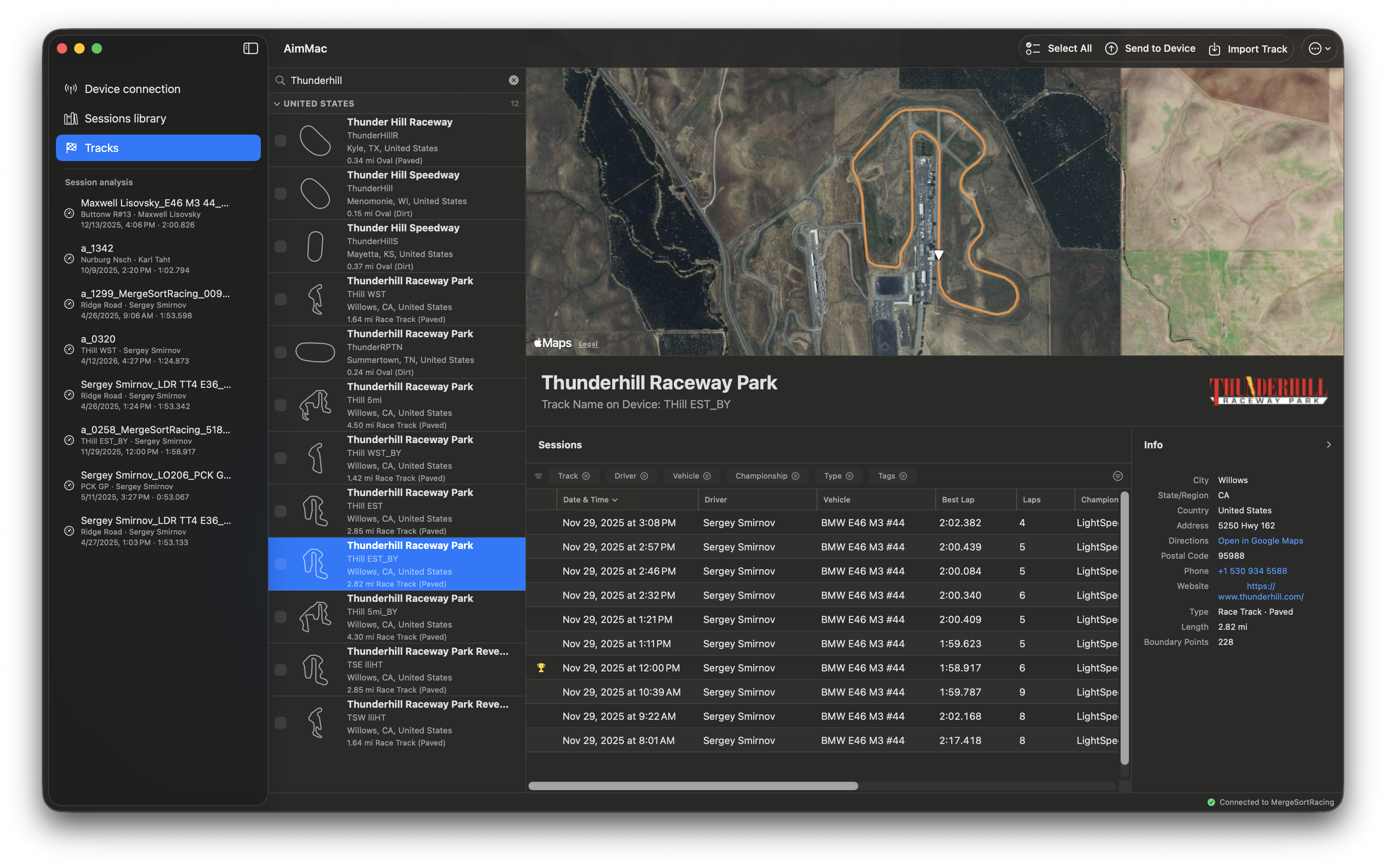 Local track database showing Thunderhill Raceway Park with a satellite preview and its matching sessions table
