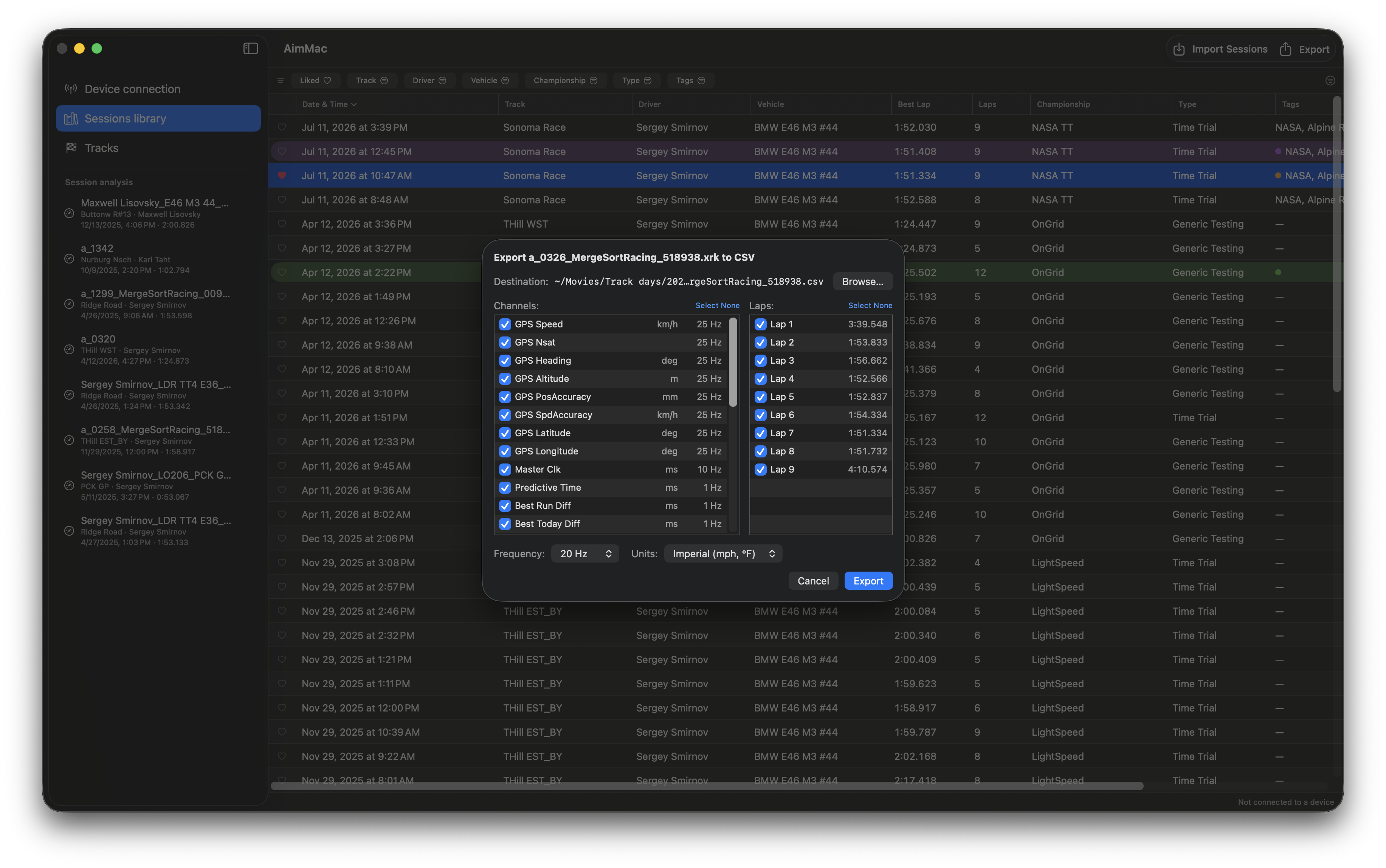 CSV export dialog next to the sessions library showing liked and color-labeled rows