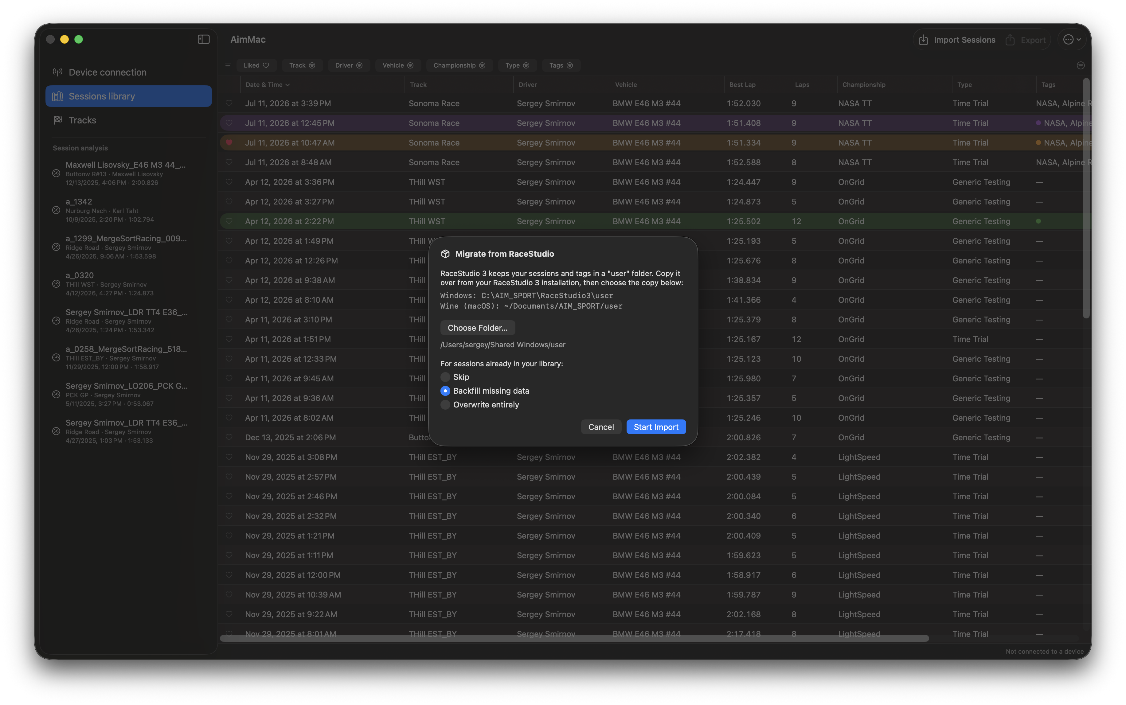 Migrate from RaceStudio dialog with folder picker and duplicate-handling options